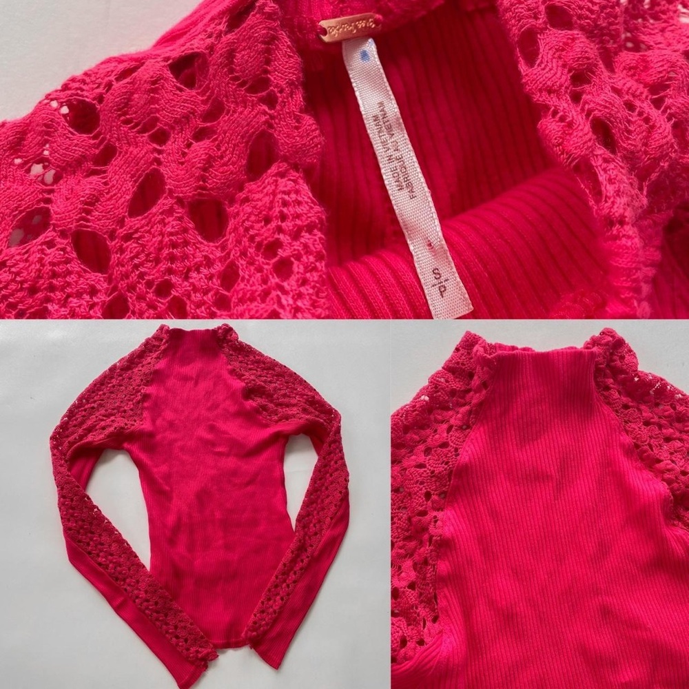 NWT Free‎ People top Clemente Rib long sleeve pink S M lace:mock neck & sleeves